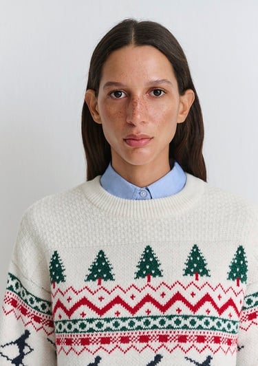  Mavi Yılbaşı Temalı Ekru Kazak Loose Fit / Bol Rahat Kesim 1710860-70057