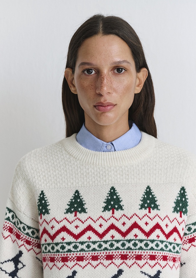  Mavi Yılbaşı Temalı Ekru Kazak Loose Fit / Bol Rahat Kesim 1710860-70057