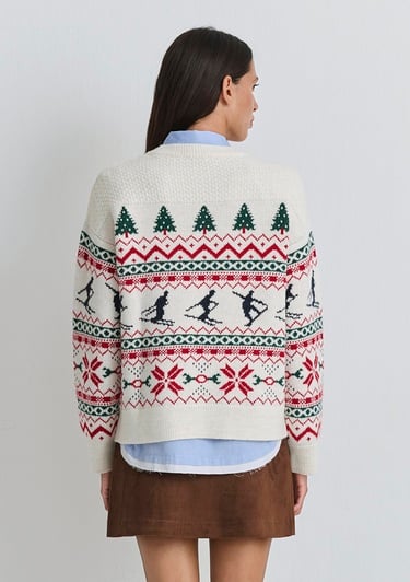  Mavi Yılbaşı Temalı Ekru Kazak Loose Fit / Bol Rahat Kesim 1710860-70057