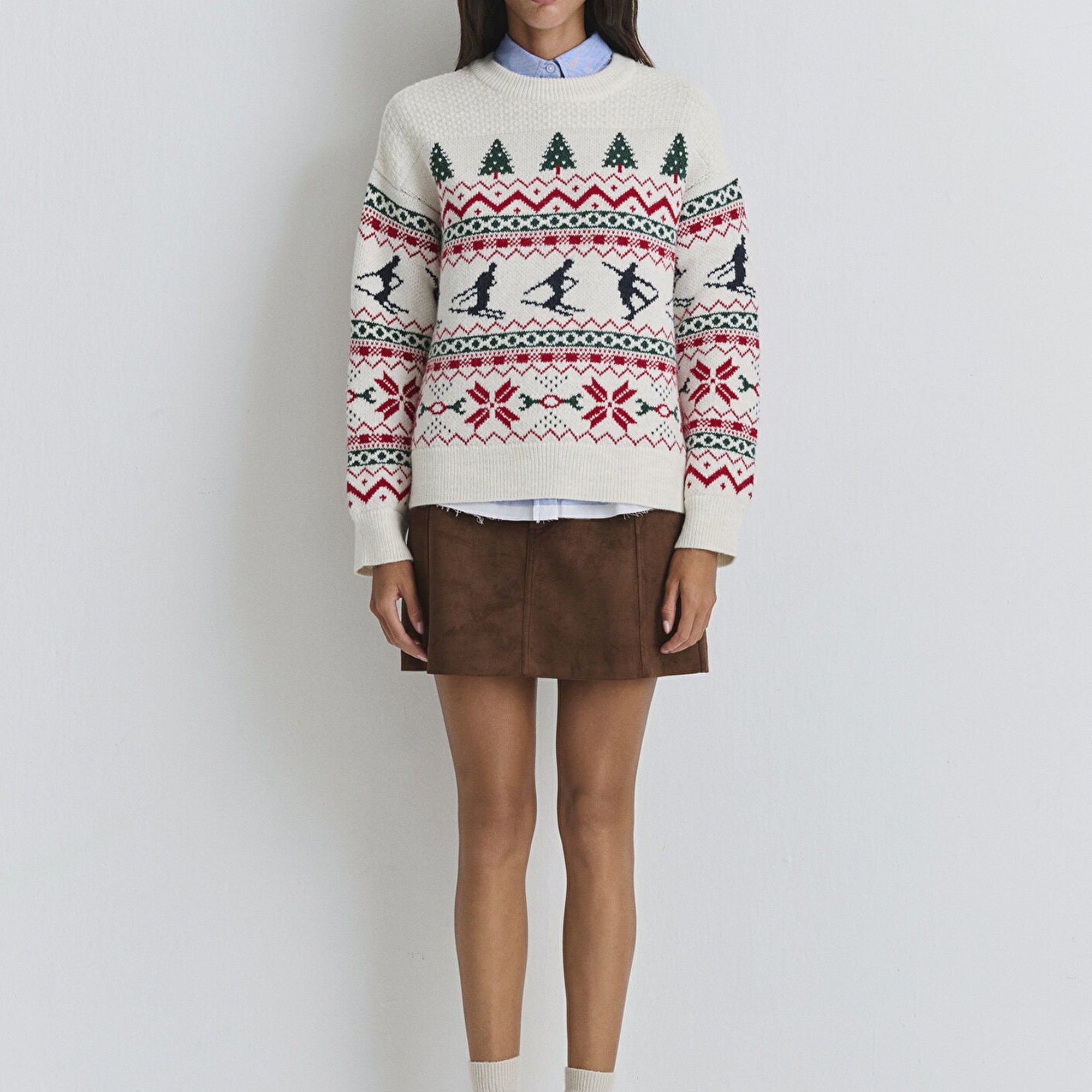 Mavi Yılbaşı Temalı Ekru Kazak Loose Fit / Bol Rahat Kesim 1710860-70057