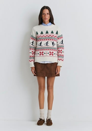  Mavi Yılbaşı Temalı Ekru Kazak Loose Fit / Bol Rahat Kesim 1710860-70057