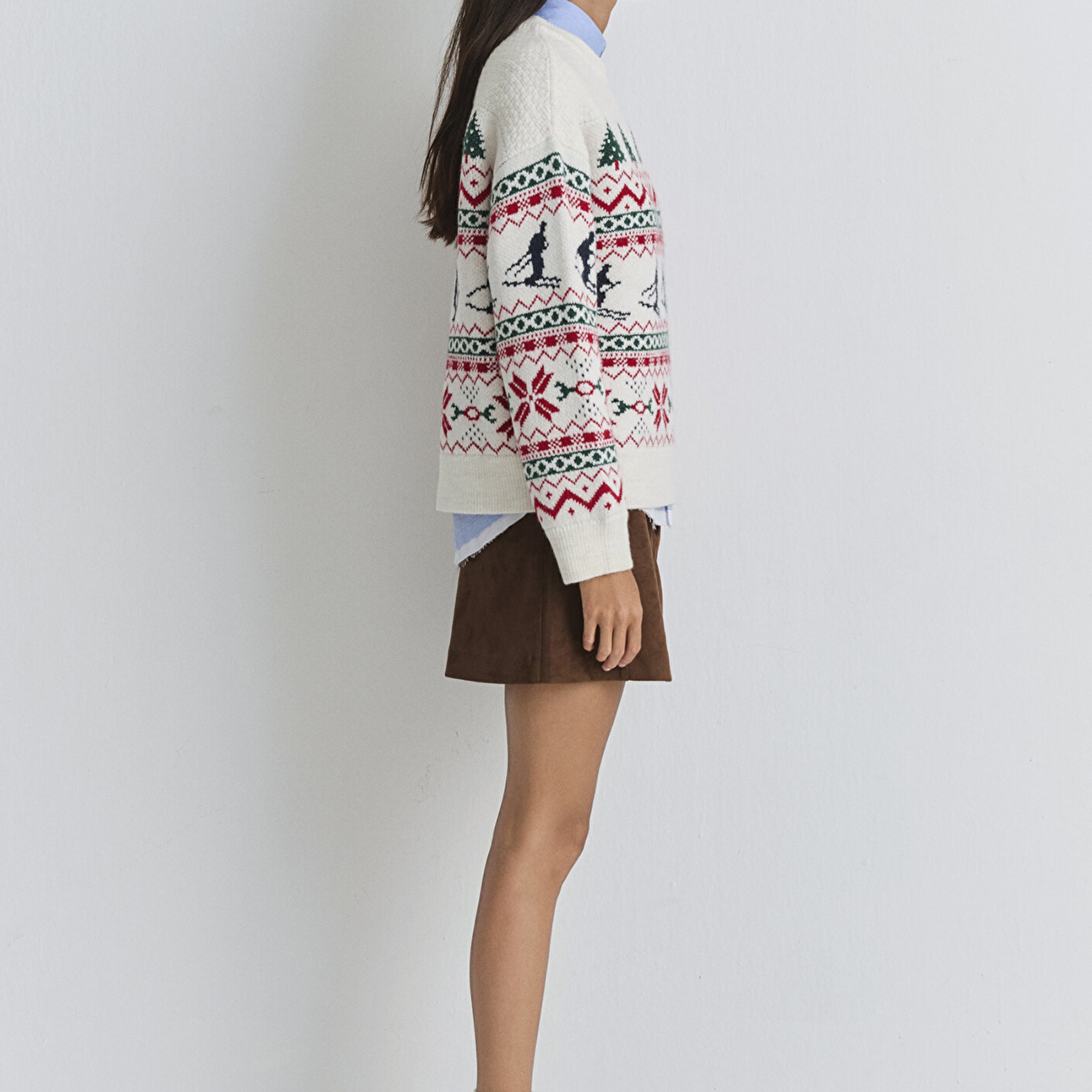 Mavi Yılbaşı Temalı Ekru Kazak Loose Fit / Bol Rahat Kesim 1710860-70057