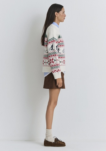  Mavi Yılbaşı Temalı Ekru Kazak Loose Fit / Bol Rahat Kesim 1710860-70057