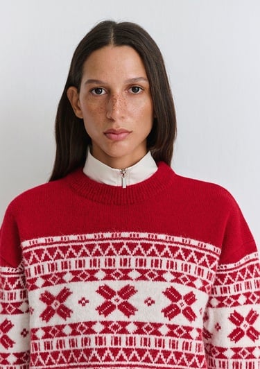  Mavi Yılbaşı Temalı Kırmızı Kazak Loose Fit / Bol Rahat Kesim 1710869-70057