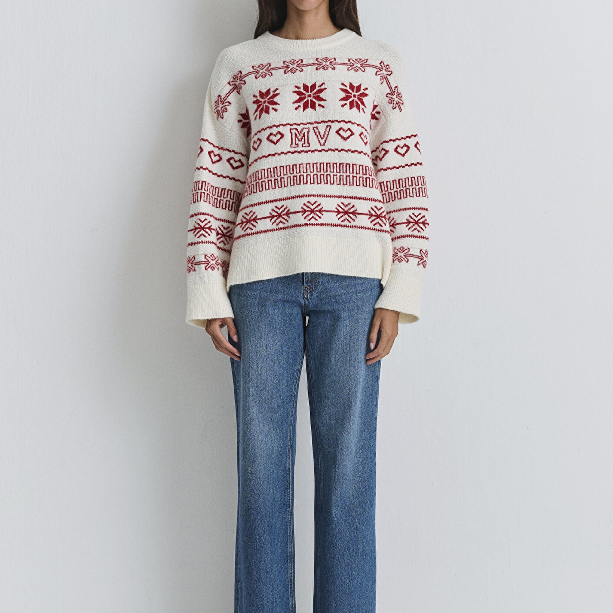 Mavi Yılbaşı Temalı Ekru Kazak Oversize / Geniş Kesim 1710804-70057