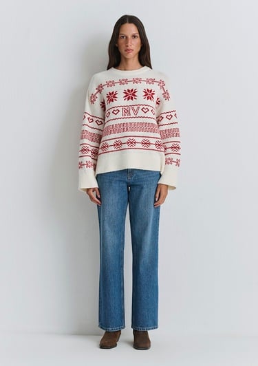  Mavi Yılbaşı Temalı Ekru Kazak Oversize / Geniş Kesim 1710804-70057