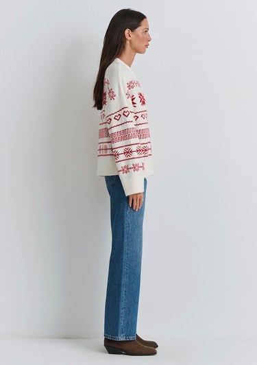  Mavi Yılbaşı Temalı Ekru Kazak Oversize / Geniş Kesim 1710804-70057