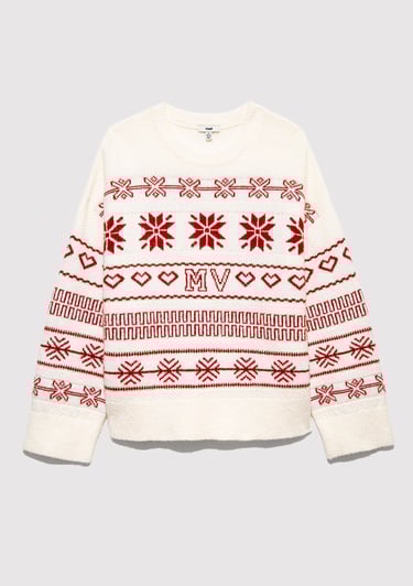  Mavi Yılbaşı Temalı Ekru Kazak Oversize / Geniş Kesim 1710804-70057