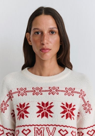  Mavi Yılbaşı Temalı Ekru Kazak Oversize / Geniş Kesim 1710804-70057