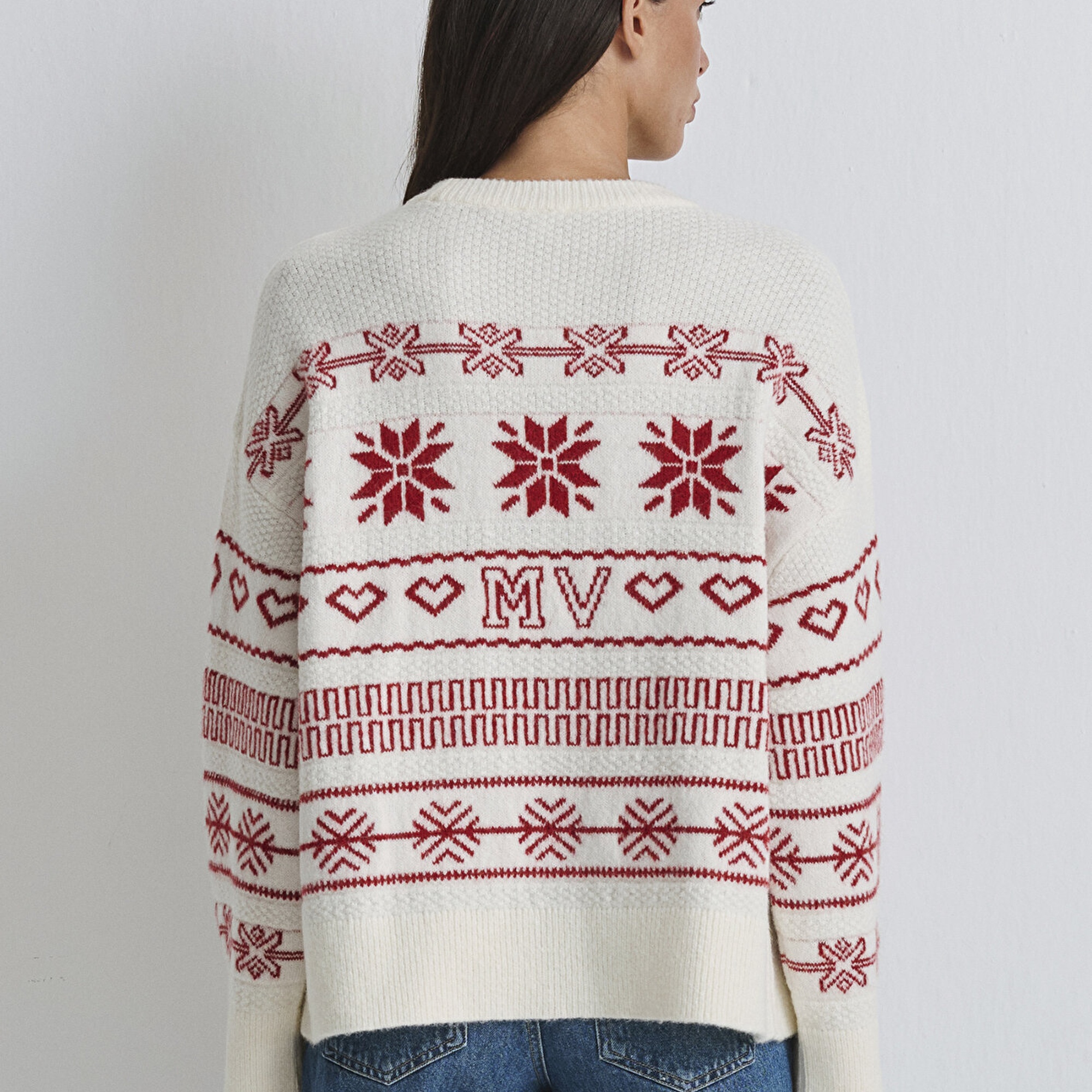 Mavi Yılbaşı Temalı Ekru Kazak Oversize / Geniş Kesim 1710804-70057