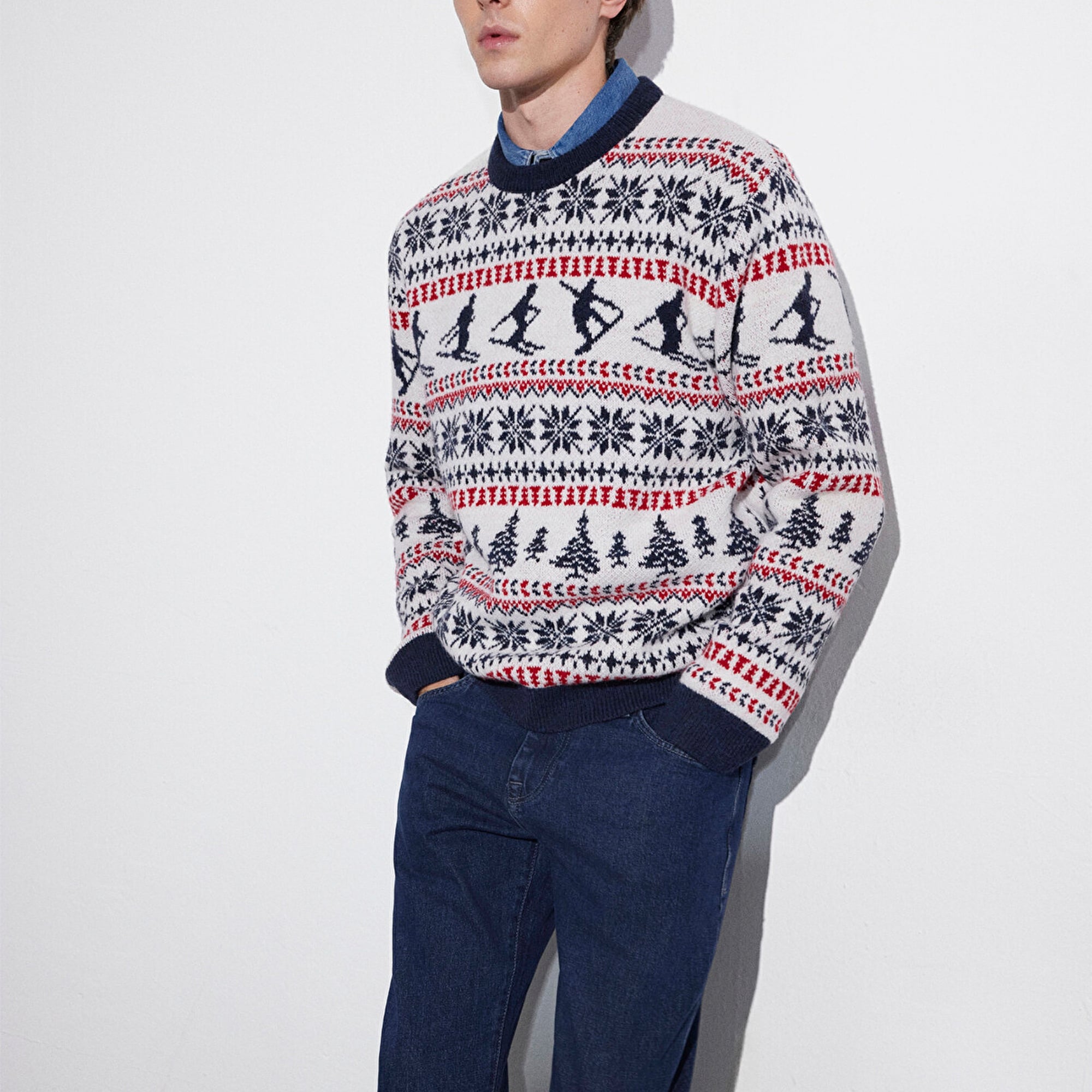 Mavi Yılbaşı Temalı Ekru Kazak Regular Fit / Normal Kesim 0710401-70057