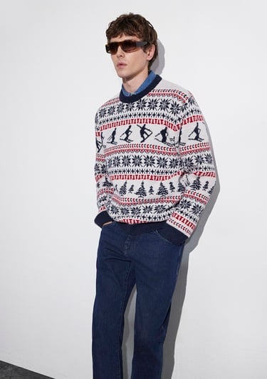  Mavi Yılbaşı Temalı Ekru Kazak Regular Fit / Normal Kesim 0710401-70057