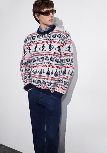  Mavi Yılbaşı Temalı Ekru Kazak Regular Fit / Normal Kesim 0710401-70057