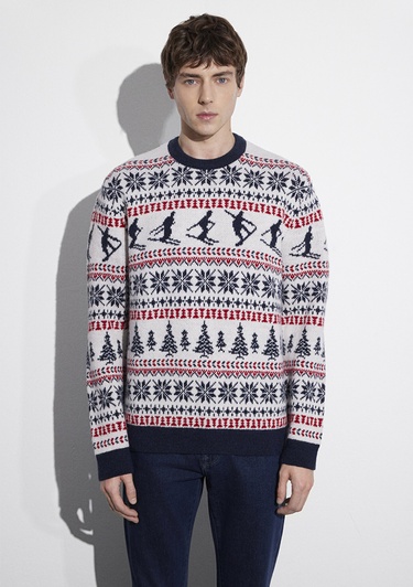  Mavi Yılbaşı Temalı Ekru Kazak Regular Fit / Normal Kesim 0710401-70057