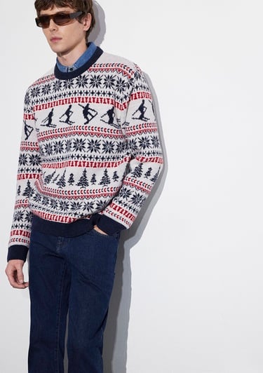  Mavi Yılbaşı Temalı Ekru Kazak Regular Fit / Normal Kesim 0710401-70057