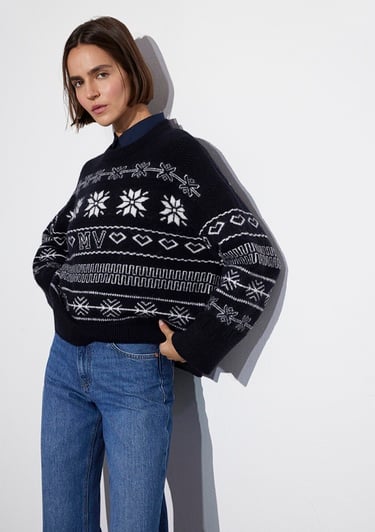  Mavi Yılbaşı Temalı Lacivert Kazak Oversize / Geniş Kesim 1710804-84371