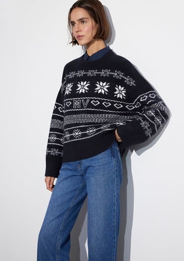  Mavi Yılbaşı Temalı Lacivert Kazak Oversize / Geniş Kesim 1710804-84371