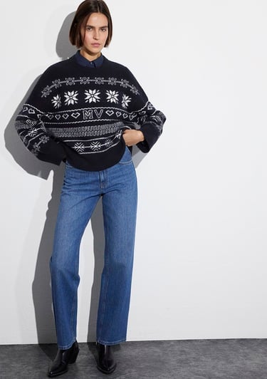  Mavi Yılbaşı Temalı Lacivert Kazak Oversize / Geniş Kesim 1710804-84371