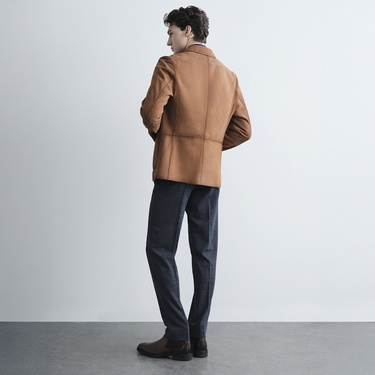  Erkek Taba Yakalı Süet Deri Blazer Ceket