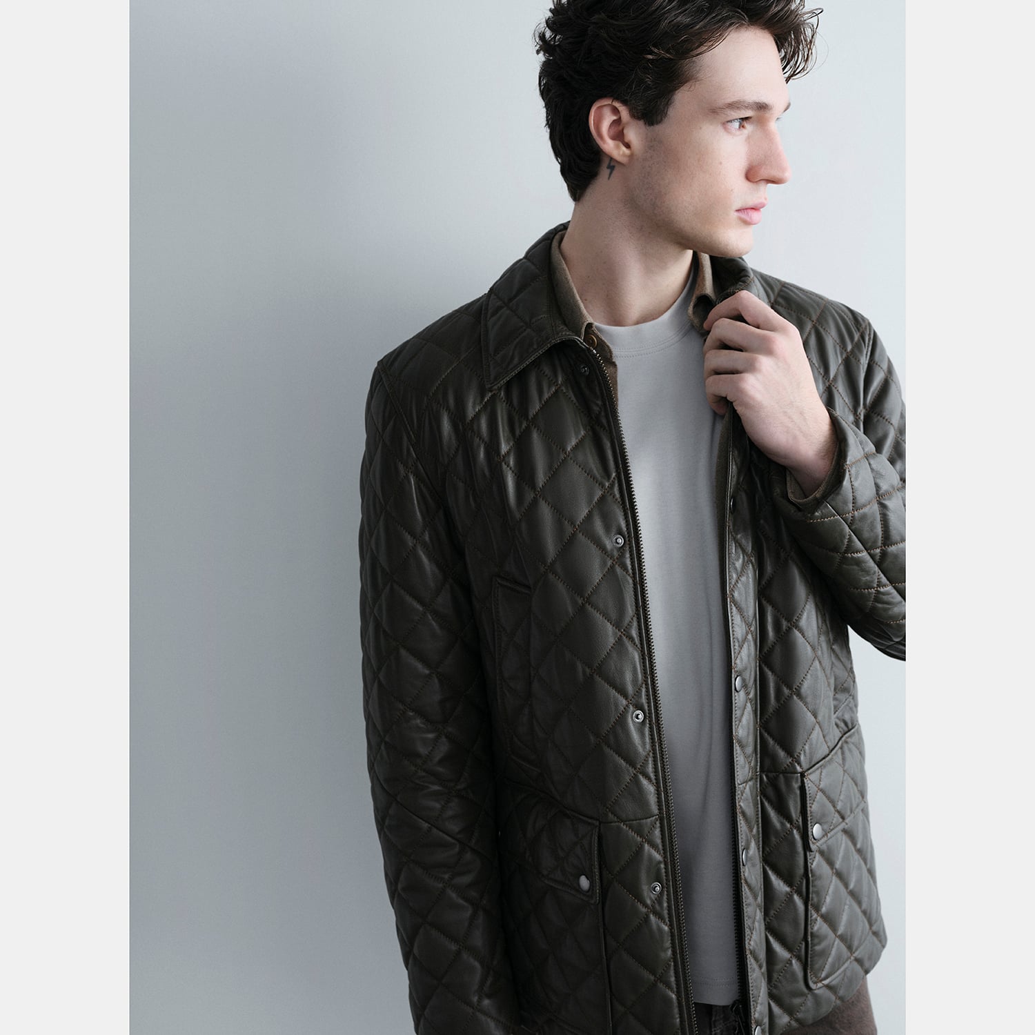  Erkek Yeşil Gömlek Yakalı Kapitoneli Deri Mont