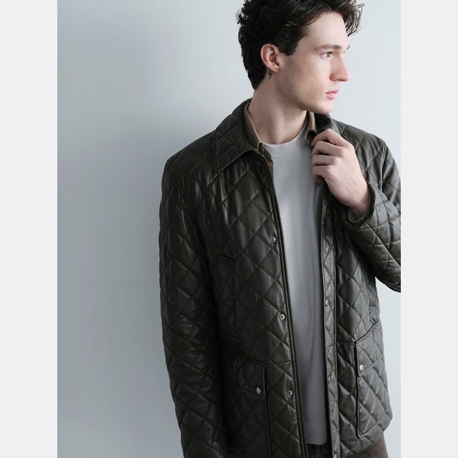  Erkek Yeşil Gömlek Yakalı Kapitoneli Deri Mont