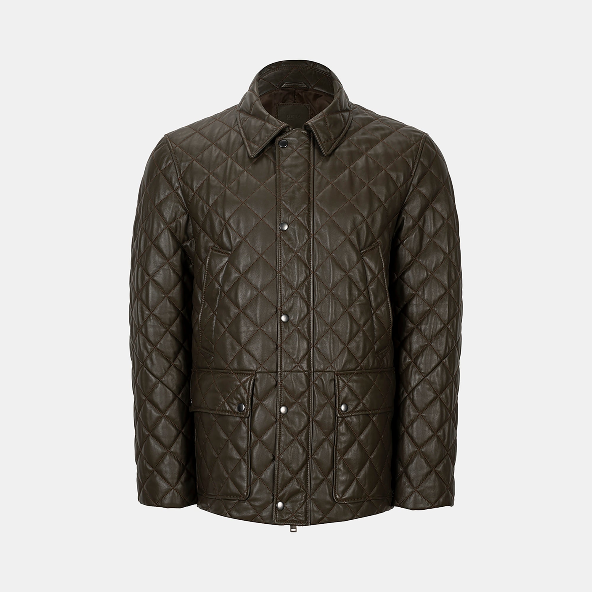 Erkek Yeşil Gömlek Yakalı Kapitoneli Deri Mont