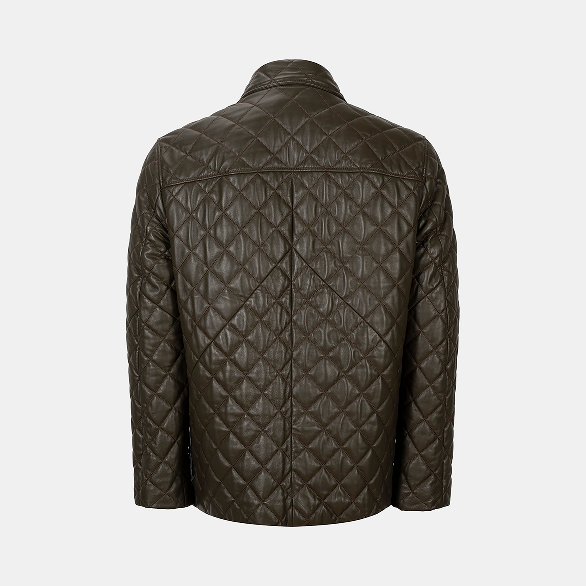 Erkek Yeşil Gömlek Yakalı Kapitoneli Deri Mont