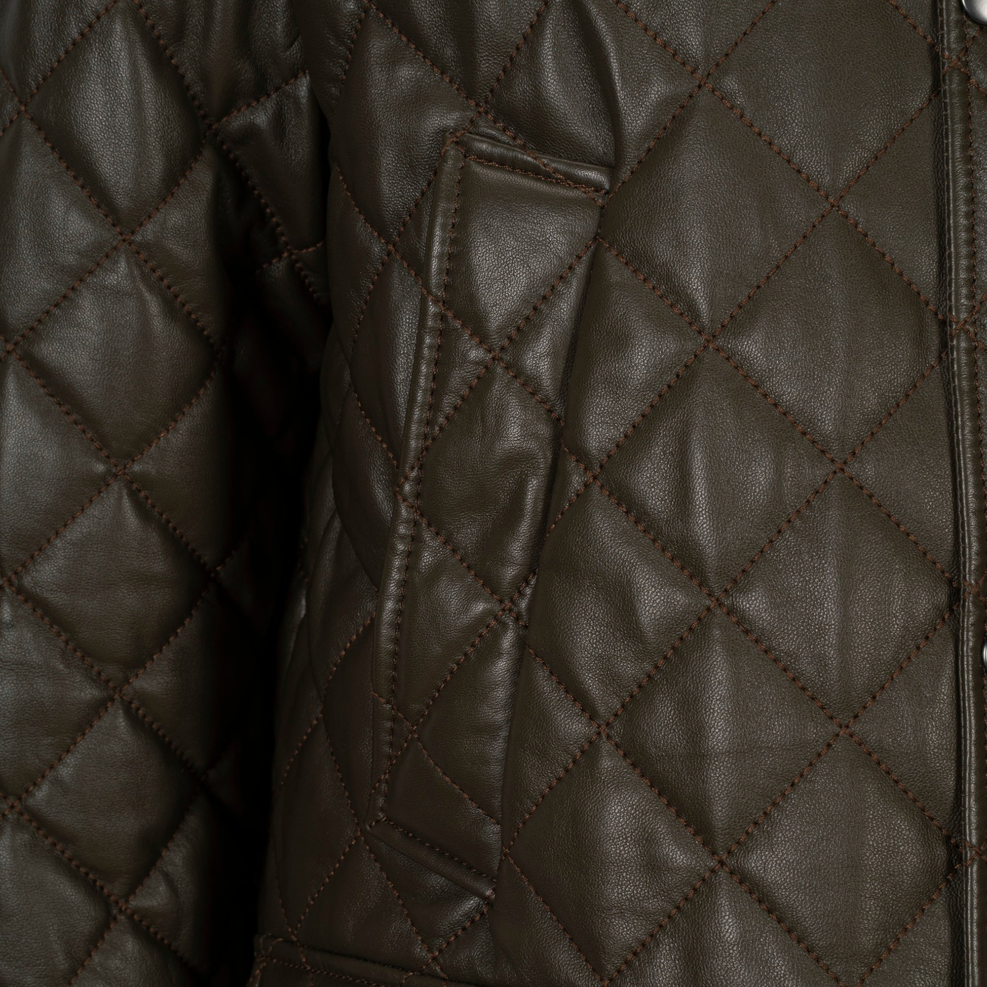 Erkek Yeşil Gömlek Yakalı Kapitoneli Deri Mont