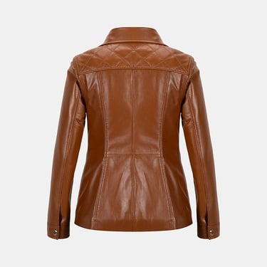  Kadın Taba Yüksek Hakim Yakalı Deri Ceket