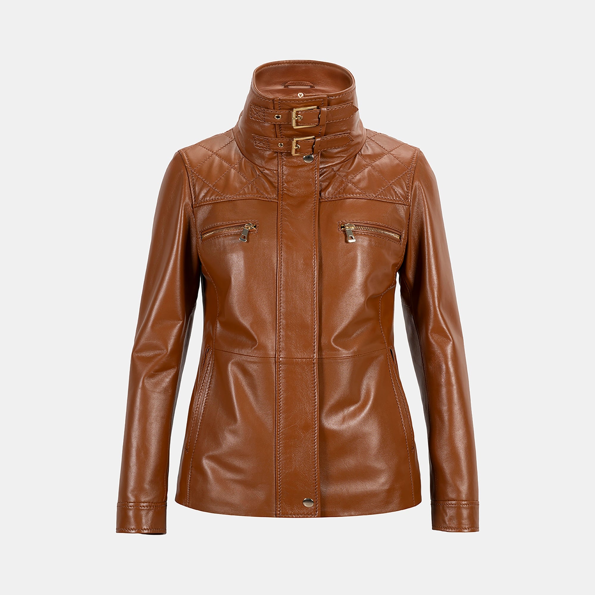 Kadın Taba Yüksek Hakim Yakalı Deri Ceket