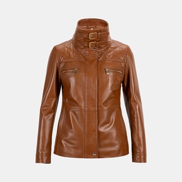  Kadın Taba Yüksek Hakim Yakalı Deri Ceket