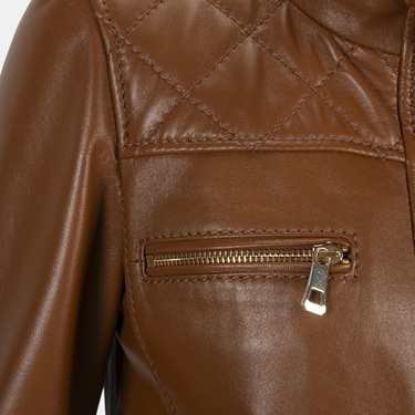  Kadın Taba Yüksek Hakim Yakalı Deri Ceket