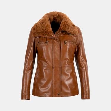  Kadın Taba Yüksek Hakim Yakalı Deri Ceket