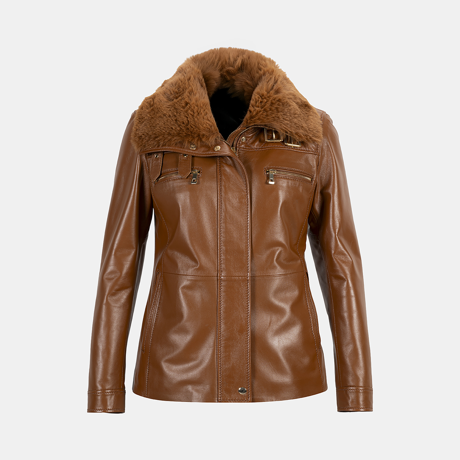  Kadın Taba Yüksek Hakim Yakalı Deri Ceket