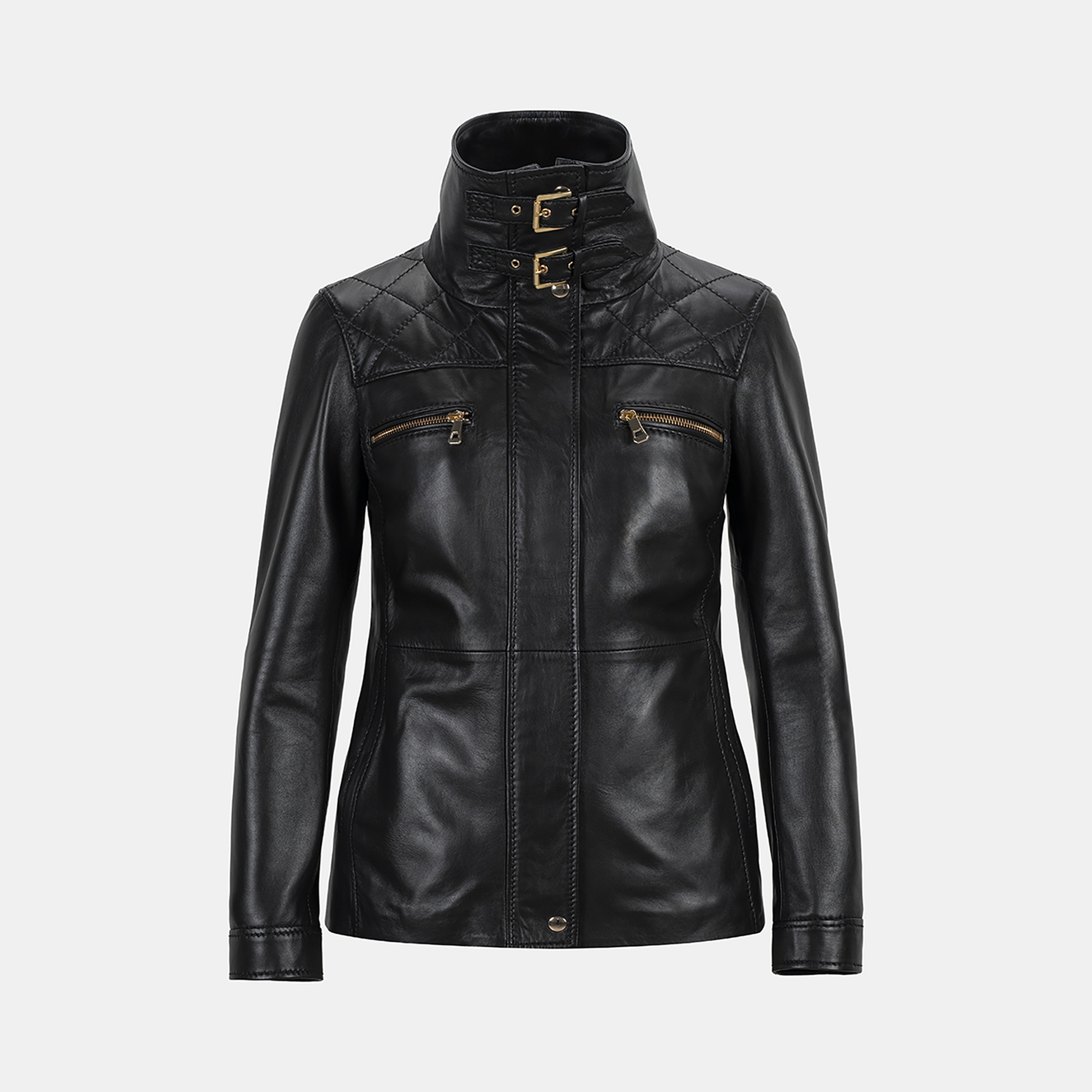 Kadın Siyah Yüksek Hakim Yakalı Deri Ceket