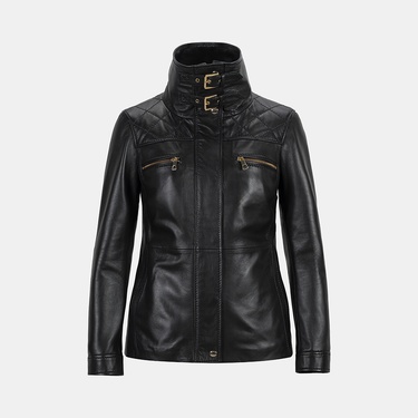  Kadın Siyah Yüksek Hakim Yakalı Deri Ceket