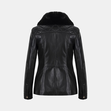  Kadın Siyah Yüksek Hakim Yakalı Deri Ceket