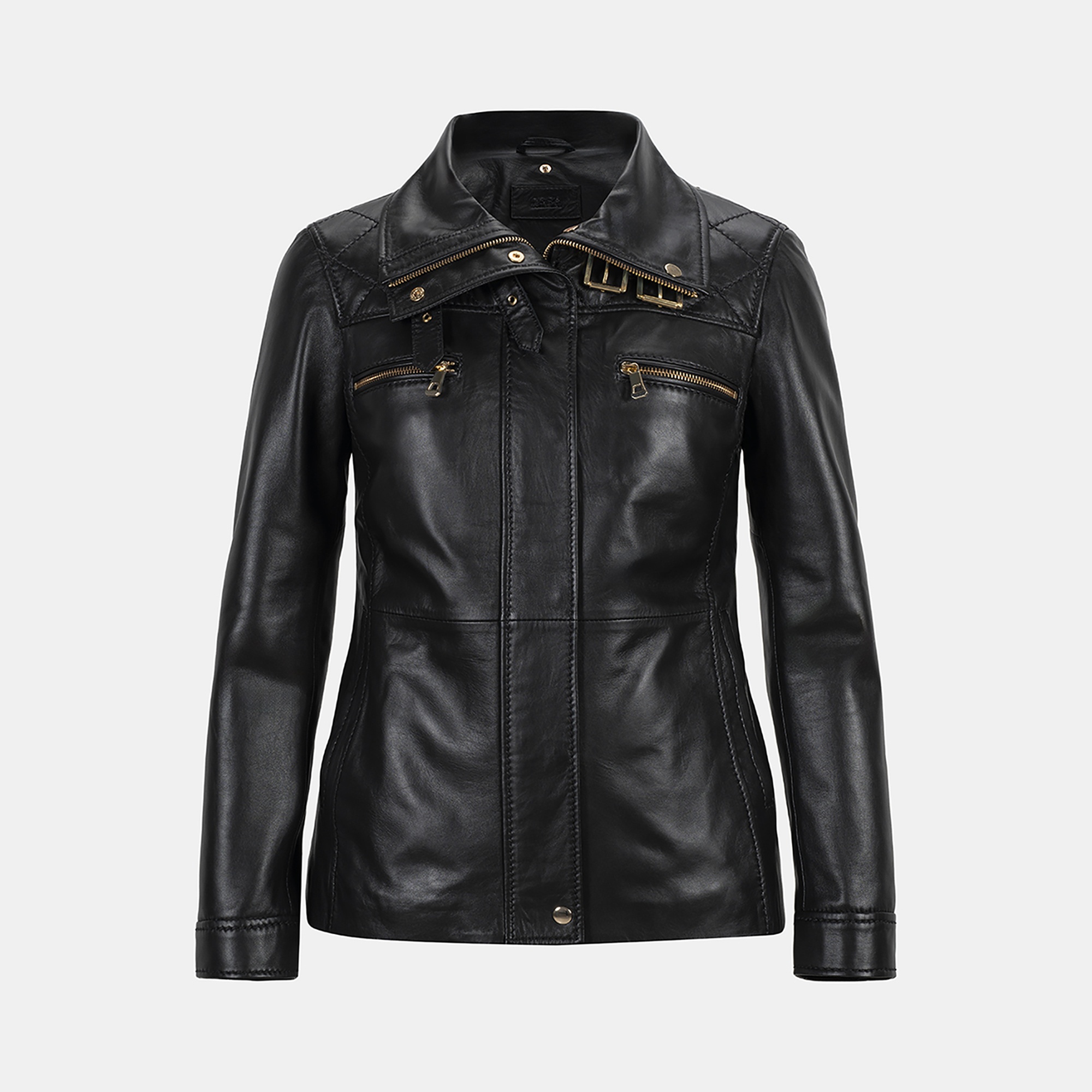 Kadın Siyah Yüksek Hakim Yakalı Deri Ceket