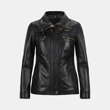  Kadın Siyah Yüksek Hakim Yakalı Deri Ceket