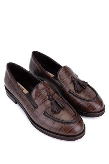  Tamer Tanca Kadın Hakiki Deri Kahverengi Kroko Loafer Ayakkabı