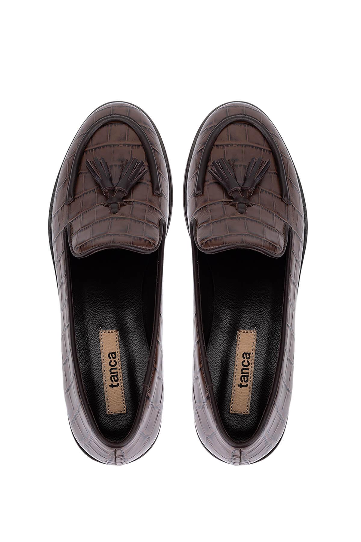 Tamer Tanca Kadın Hakiki Deri Kahverengi Kroko Loafer Ayakkabı