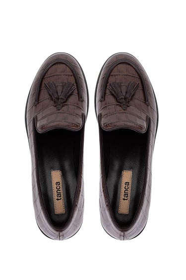  Tamer Tanca Kadın Hakiki Deri Kahverengi Kroko Loafer Ayakkabı