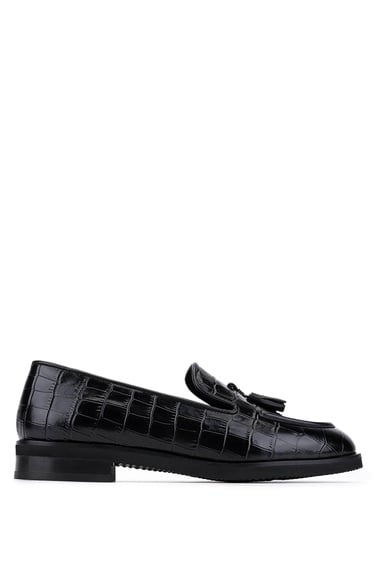  Tamer Tanca Kadın Hakiki Deri Siyah Kroko Loafer Ayakkabı