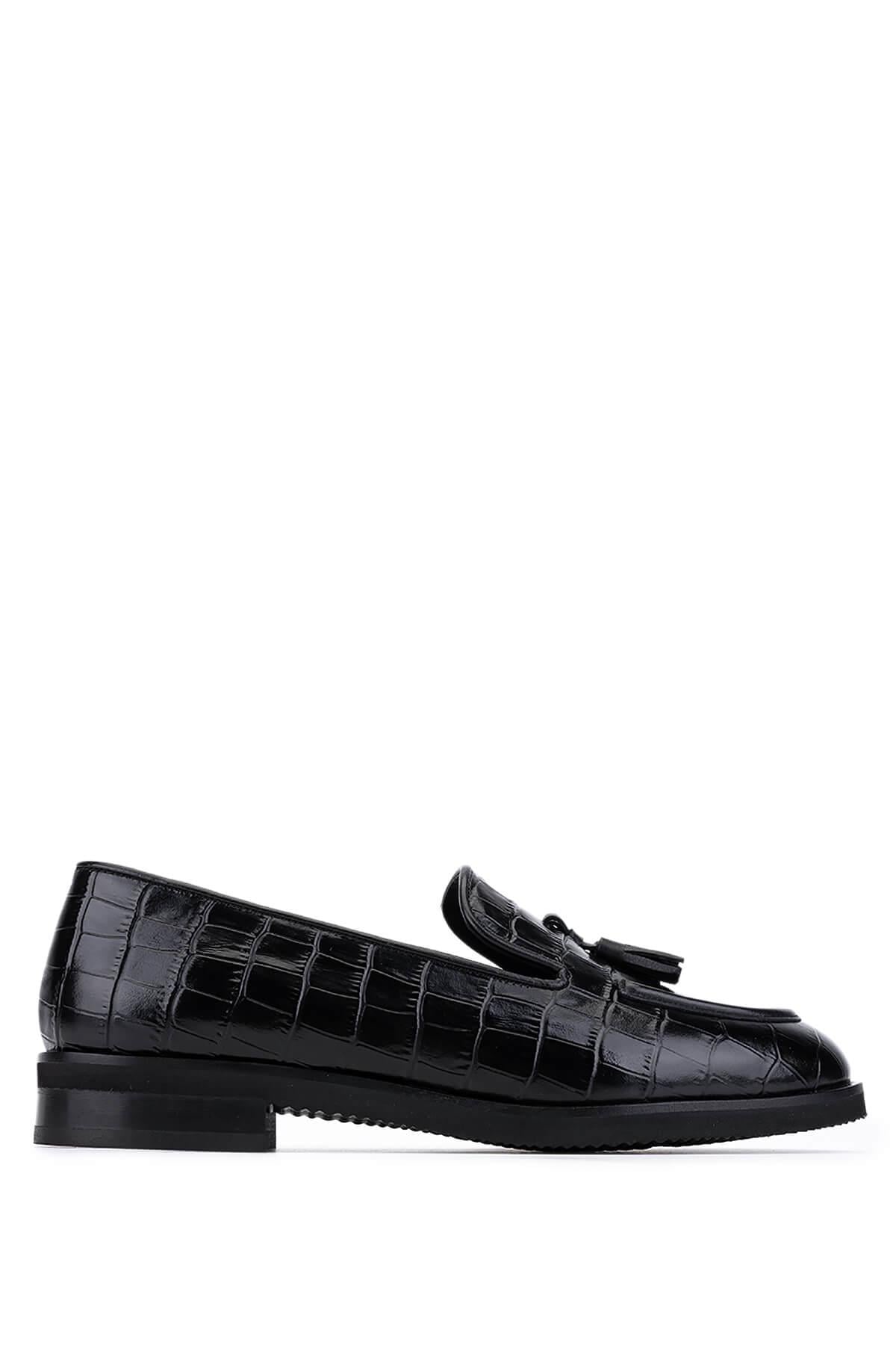  Tamer Tanca Kadın Hakiki Deri Siyah Kroko Loafer Ayakkabı