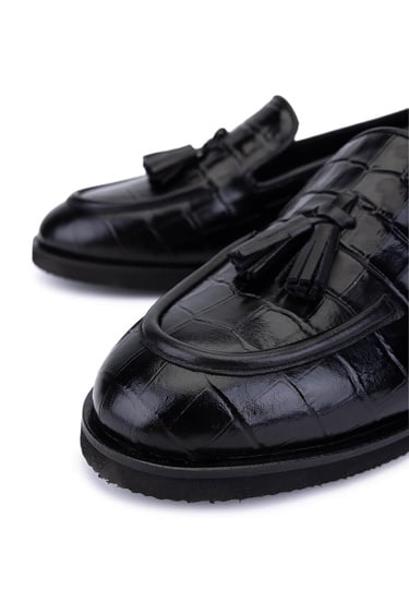  Tamer Tanca Kadın Hakiki Deri Siyah Kroko Loafer Ayakkabı