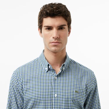  Lacoste Erkek Regular Fit Düğmeli Yaka Kareli Lacivert Gömlek