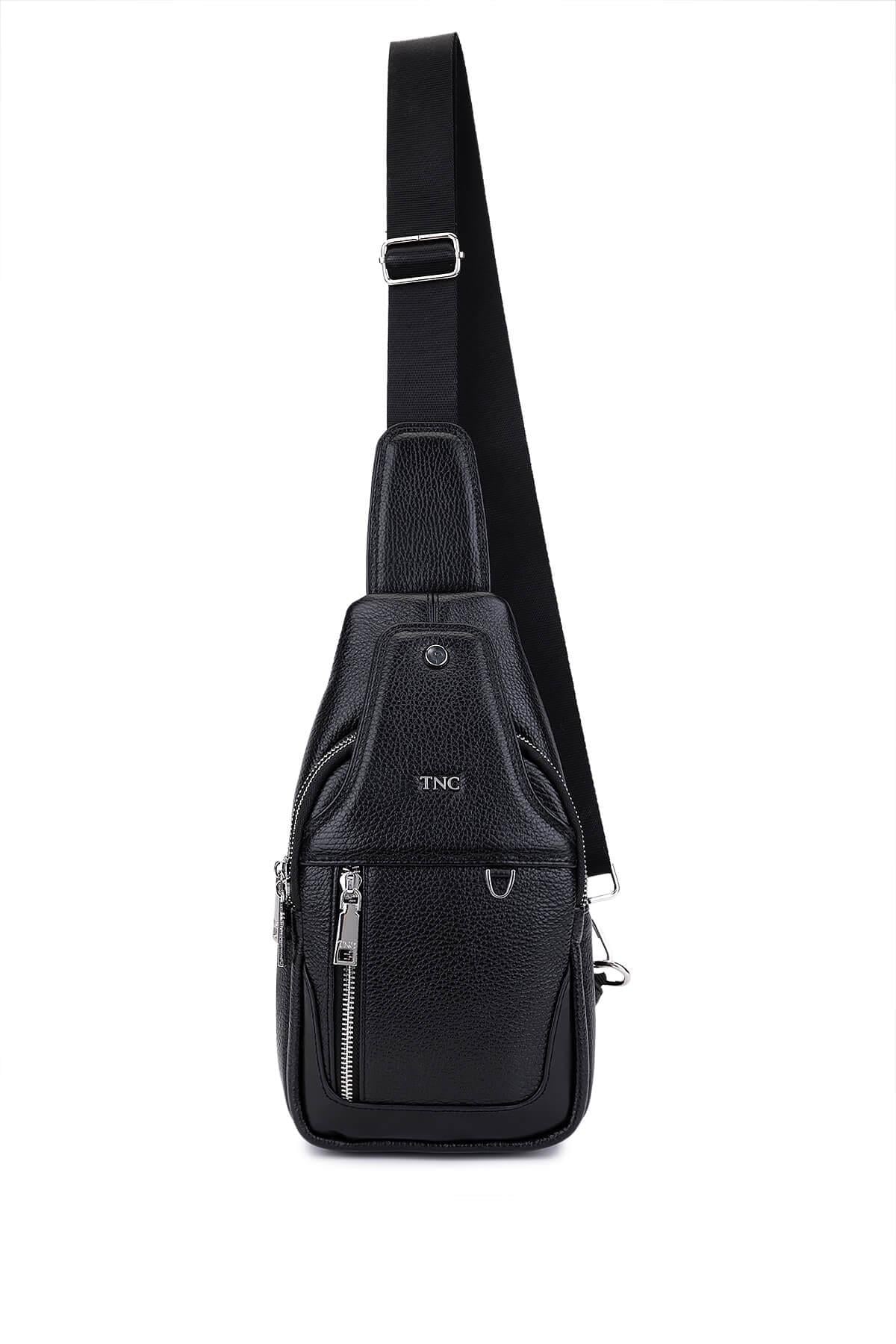  Tamer Tanca Erkek Hakiki Deri Siyah Floter Body Bag Çanta