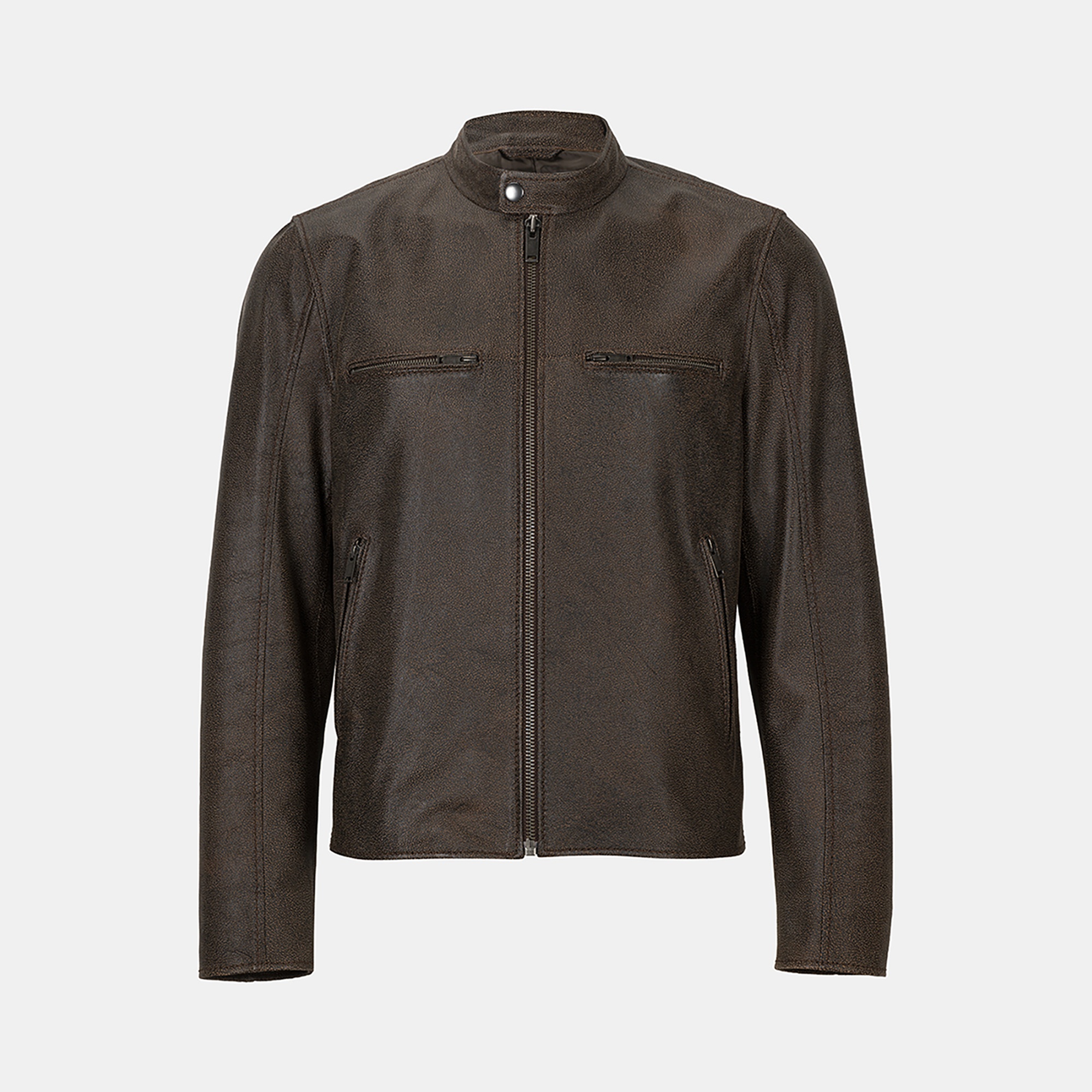 Erkek Kahve Hakim Yakalı Fit Deri Ceket