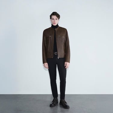  Erkek Kahve Hakim Yakalı Fit Deri Ceket