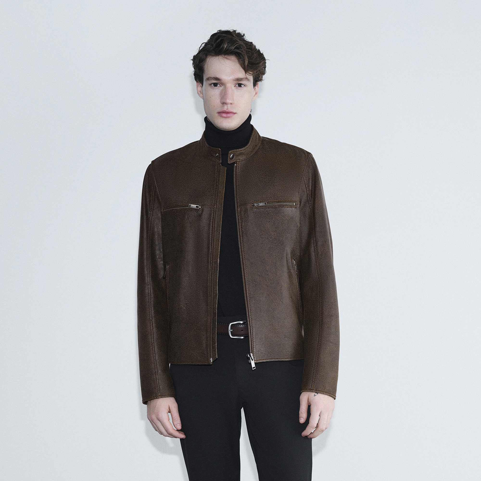 Erkek Kahve Hakim Yakalı Fit Deri Ceket